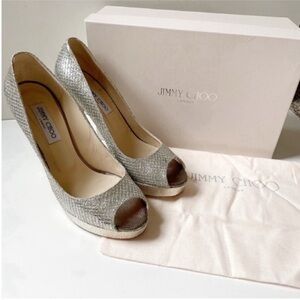 Jimmy Choo Crown Gold/Champagne Glitter Platform Peep Toe High Heels Size 40.5